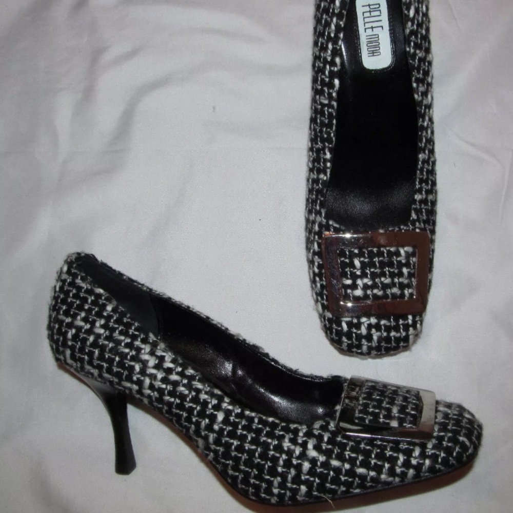 PELLE MODA tweed front buckle herringbone shoes
